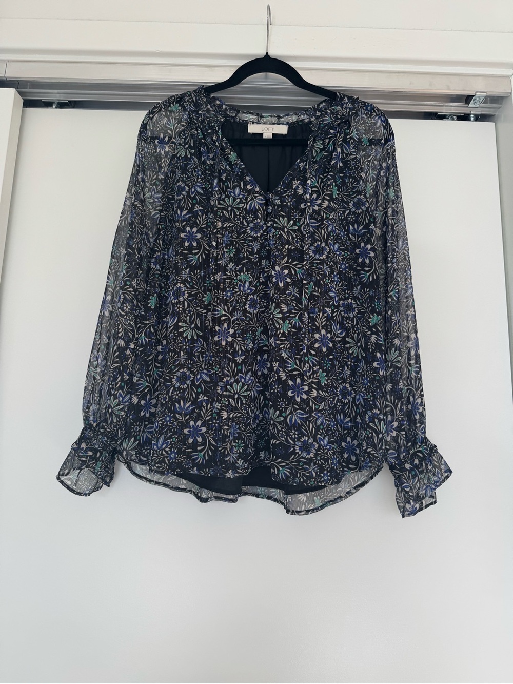 LOFT Black Floral Sheer V-Neck Blouse with Blue and Green Accents